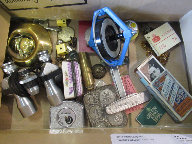 BOX OF COLLECTABLES INCLUDING STAMPS  COINS AND PILL BOXES ETC Image
