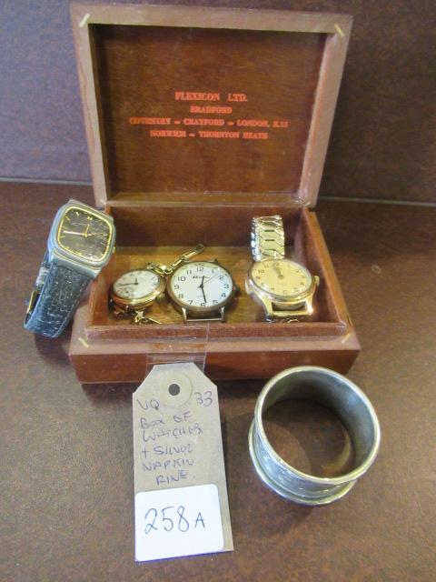 BOX OF WATCHES AND A SILVER NAPKIN RING Image