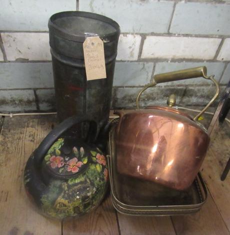 COPPER RAIN GAUGE AND TWO KETTLES Image