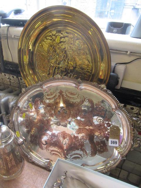 LARGE PLATED TRAY AND BRASS DISH Image