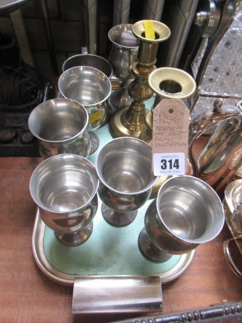 TRAY OF PEWTER AND PAIR OF BRASS CANDLESTICKS Image