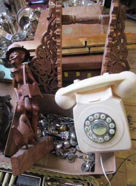BOX OF COLLECTORS SPOONS IN RACK AND AN OLD TELEPHONE Image