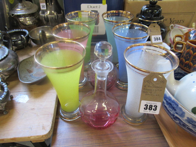 SIX COLOURED GLASSES  JUG AND DECANTER Image