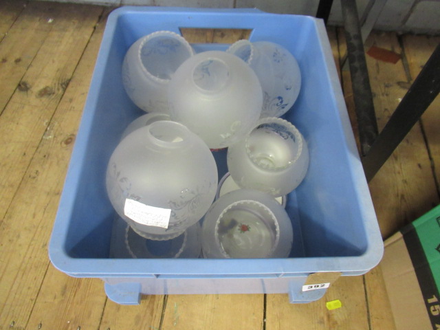 BOX OF GLASS LIGHT SHADES AND CERAMICS Image