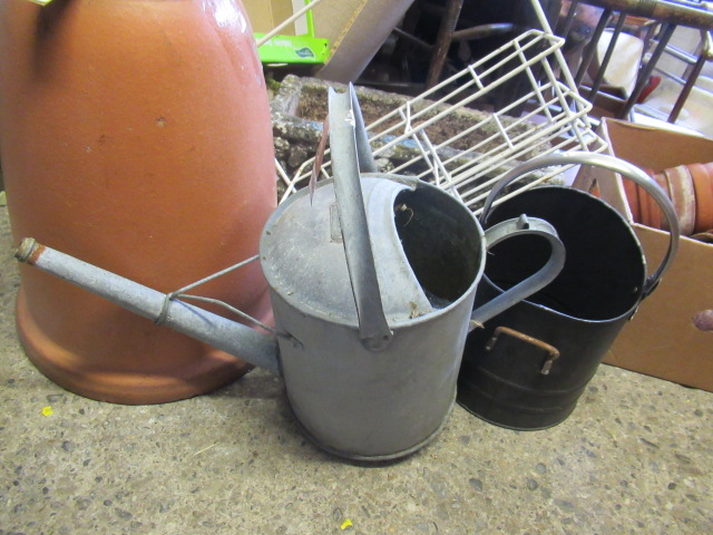 WATERING CAN  COAL SCUTTLE AND VINTAGE MILK BOTTLE HOLDER Image