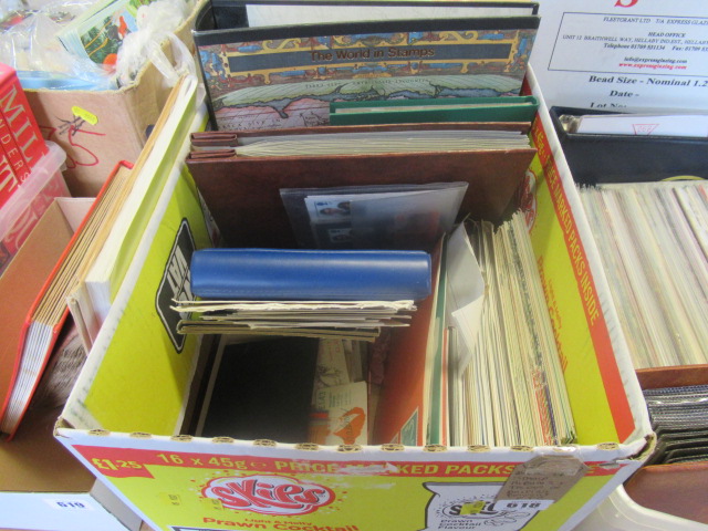 BOX OF STAMP ALBUMS AND A FOLDER OF BRITISH PENNIES ETC Image