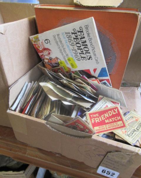 BOX OF STAMPS  CIGARETTE CARDS AND MATCH BOX FRONTS Image