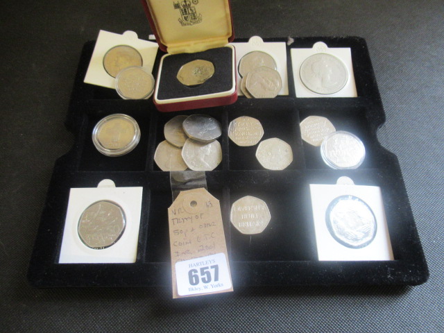 TRAY OF FIFTY PENCES  AND OTHER COINS INCLUDING 2001 CHRISTIANITY IN MAN EXAMPLES Image