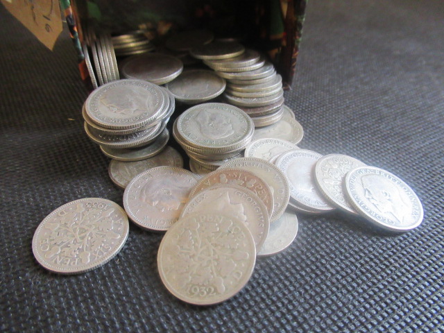 MIXED BOX OF SILVER AND  BRITISH SIXPENCES Image
