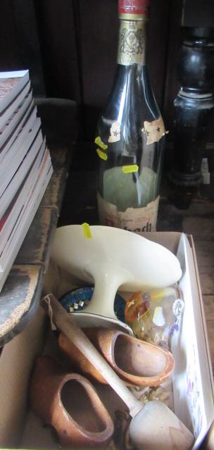 BOX OF MISCELLANEOUS ITEMS AND A LARGE EMPTY BOTTLE Image