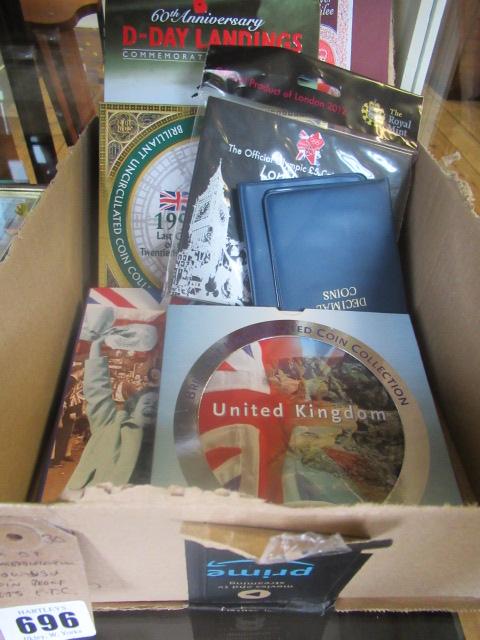 BOX OF  COMMEMORATIVE CROWNS AND COIN PROOF SETS ETC Image