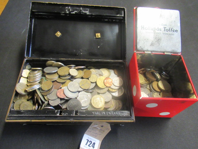 CASH BOX AND A DICE TIN OF WORLD COINS Image