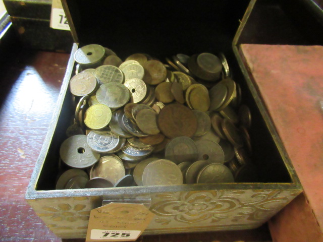WOODEN BOX OF WORLD COINS Image