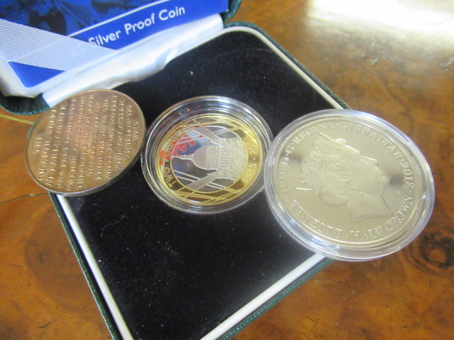 SILVER PROOF 2005 AND 2018 COMMEMORATIVE CROWNS AND 1902 EARLS COURT WHEEL MEDALLION Image
