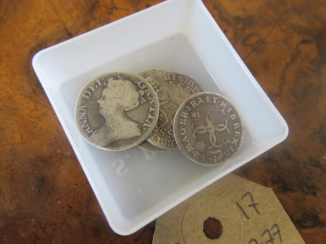 1682 AND 1777 FOUR PENNY COINS AND  SILVER COINS ETC Image
