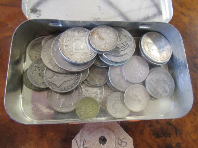 SMALL TIN OF SILVER AND OTHER COINS Image