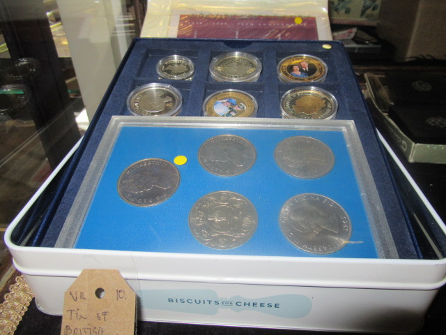 TIN OF BRITISH CROWNS AND PROOF COIN SETS Image