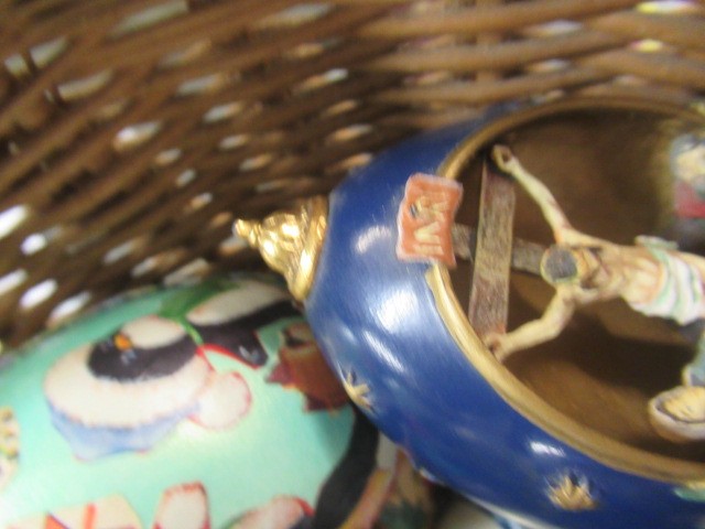 BASKET OF CHRISTMAS AND NATIVITY EGGS AND A CRATE OF VINTAGE DECORATIONS Image