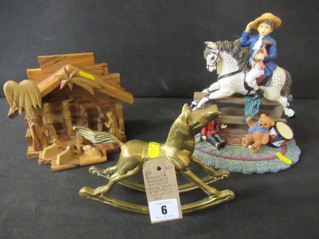 BRASS AND REGENCY ROCKING HORSE MODELS AND A WOODEN NATIVITY SET Image