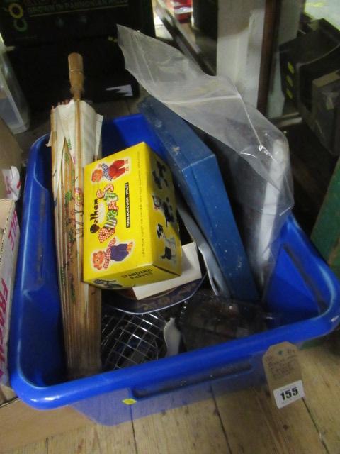 BOX OF MISCELLANEOUS ITEMS INCLUDING PARASOL AND BOXED PELHAM PUPPET Image