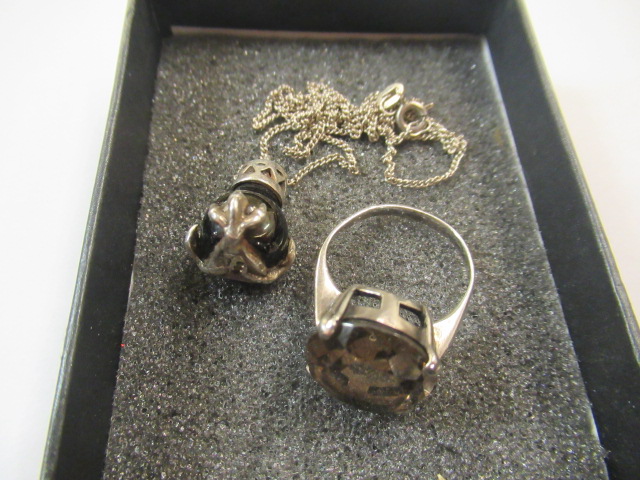 PENDANT ON SILVER CHAIN AND A SMOKEY QUARTZ RING Image