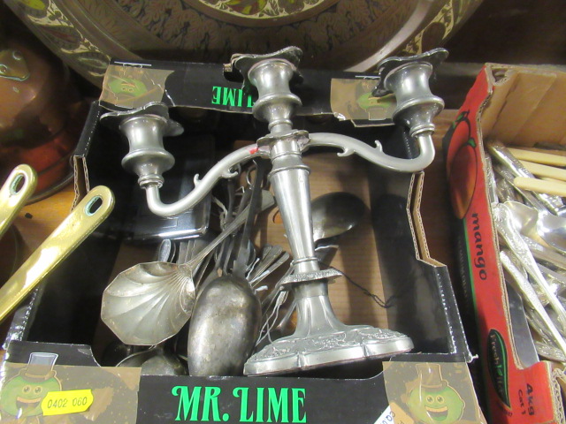 BOX OF METALWARE INCLUDING EPNS, CUTLERY AND CANDLELABRA Image