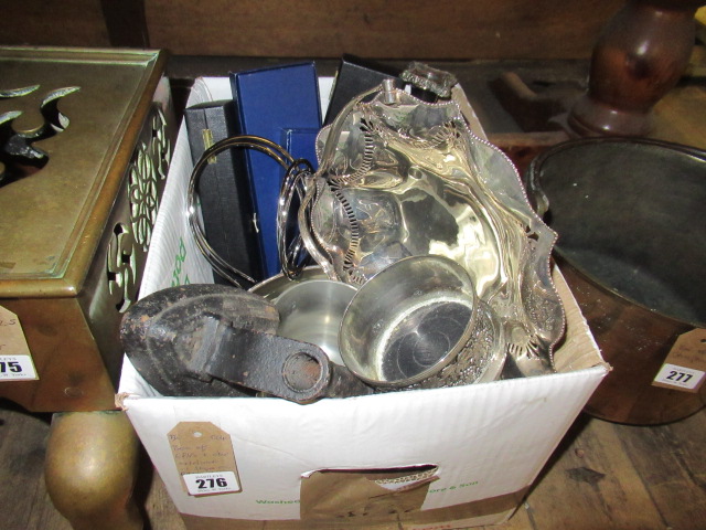 BOX OF EPNS AND OTHER METALWARE INCLUDING FLAT IRON AND CANDLESTICKS Image