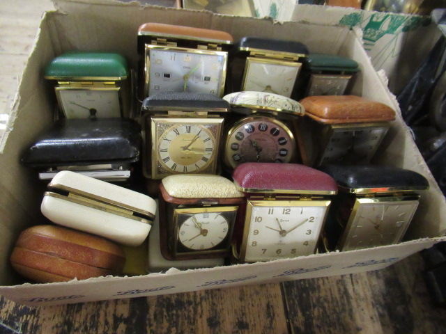 BOX OF VINTAGE TRAVEL CLOCKS ETC Image