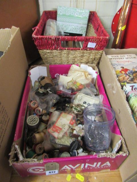 BOX OF BUTTONS AND SEWING ITEMS AND A BASKET OF PRINTING BLOCKS ETC Image