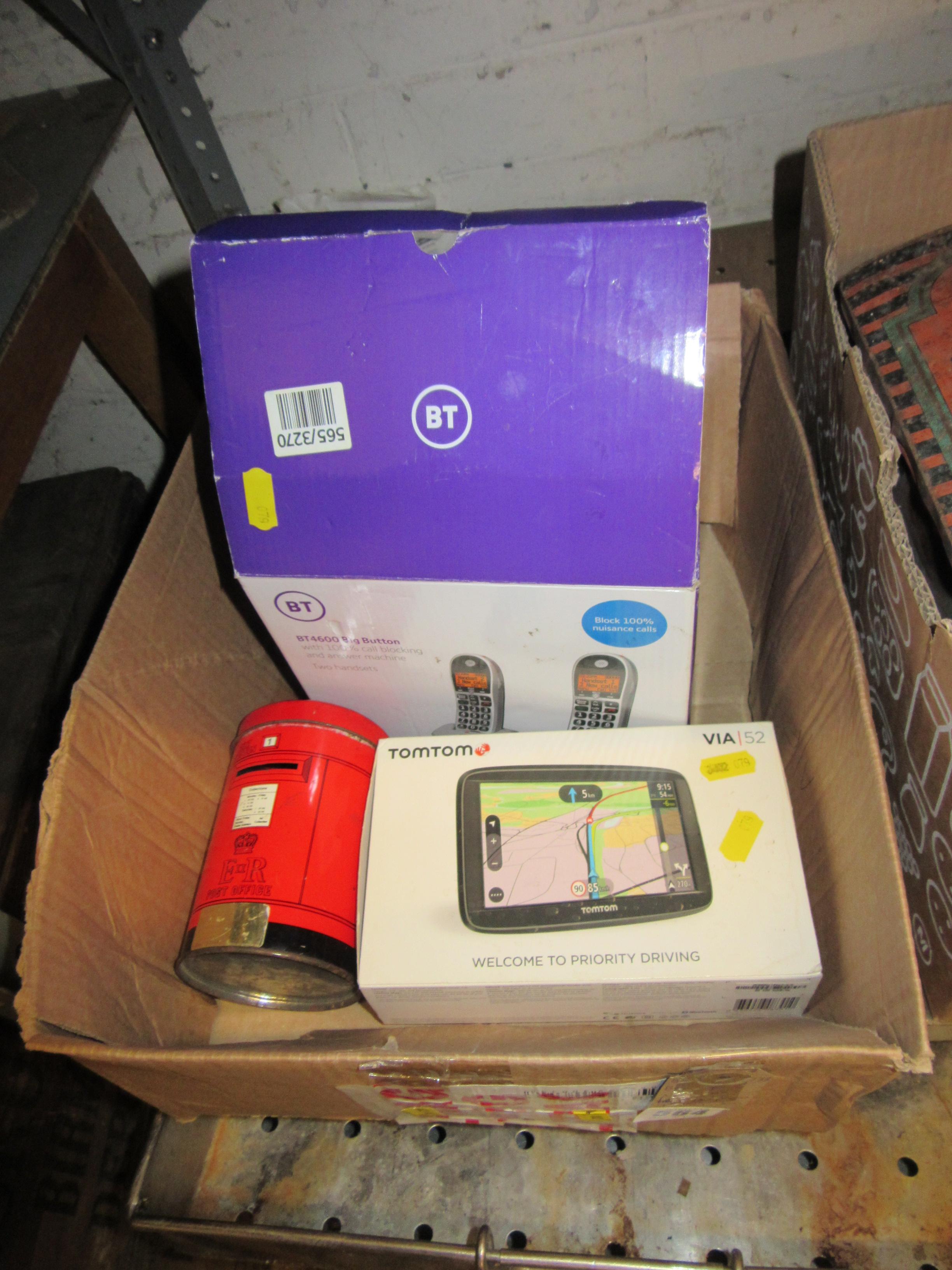 BOX OF MISCELLANEOUS INCLUDING TOM TOM SAT NAV AND BT PHONE Image