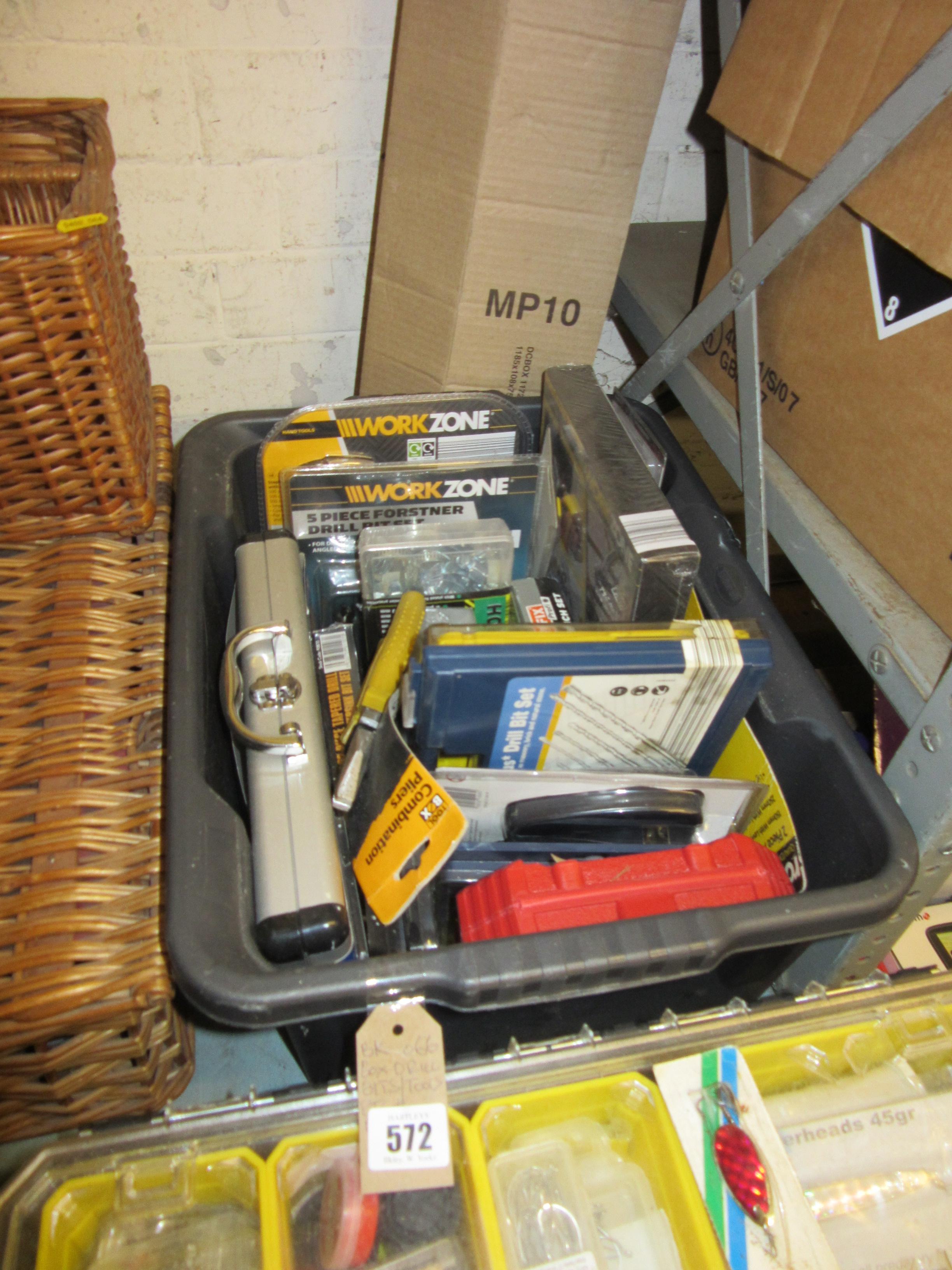 BOX OF DRILL BITS AND TOOLS ETC AND A PROJECTOR SCREEN Image