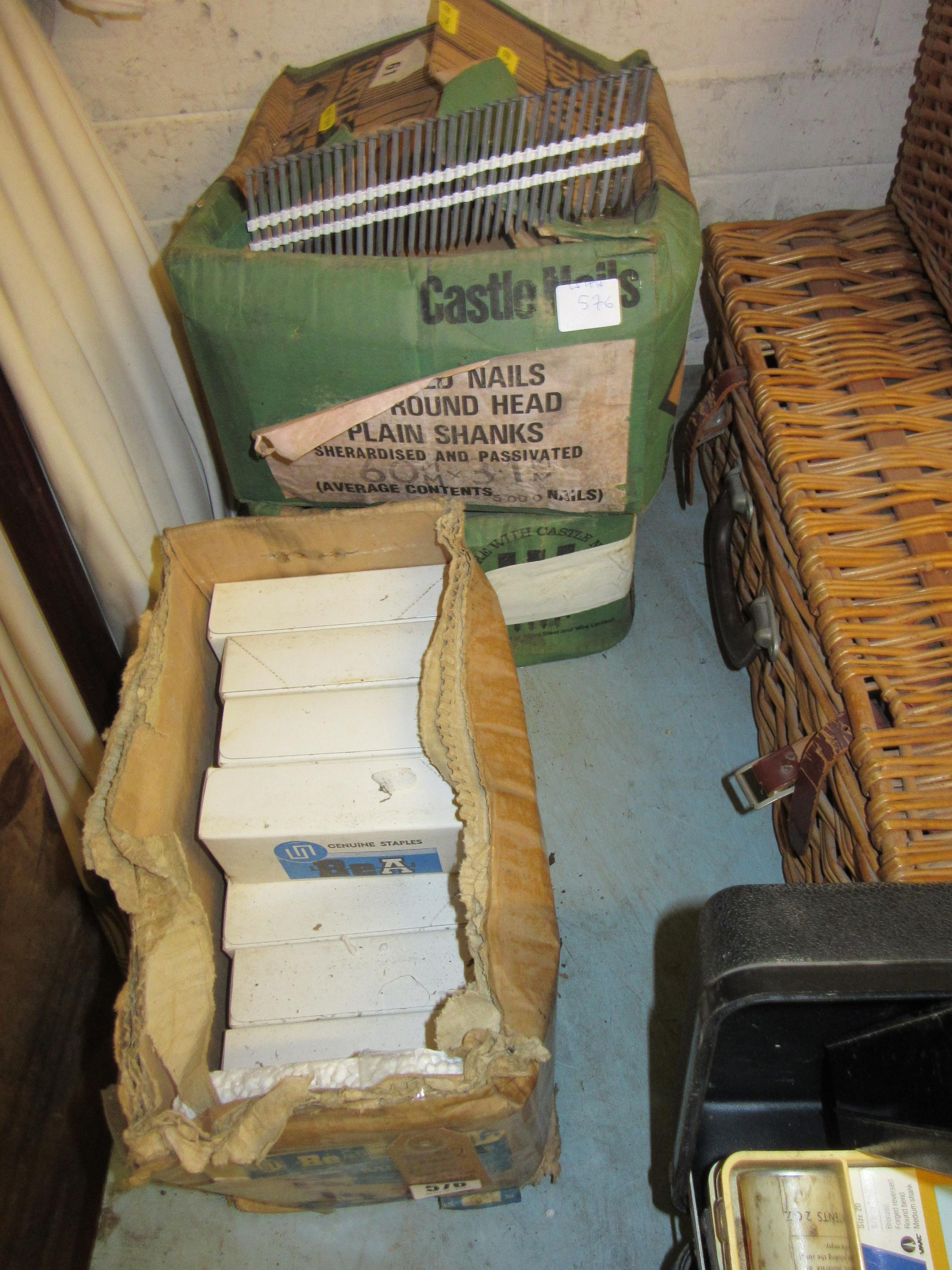 TWO BOXES OF 60MM NAILGUN NAILS AND A BOX OF STAPLES Image