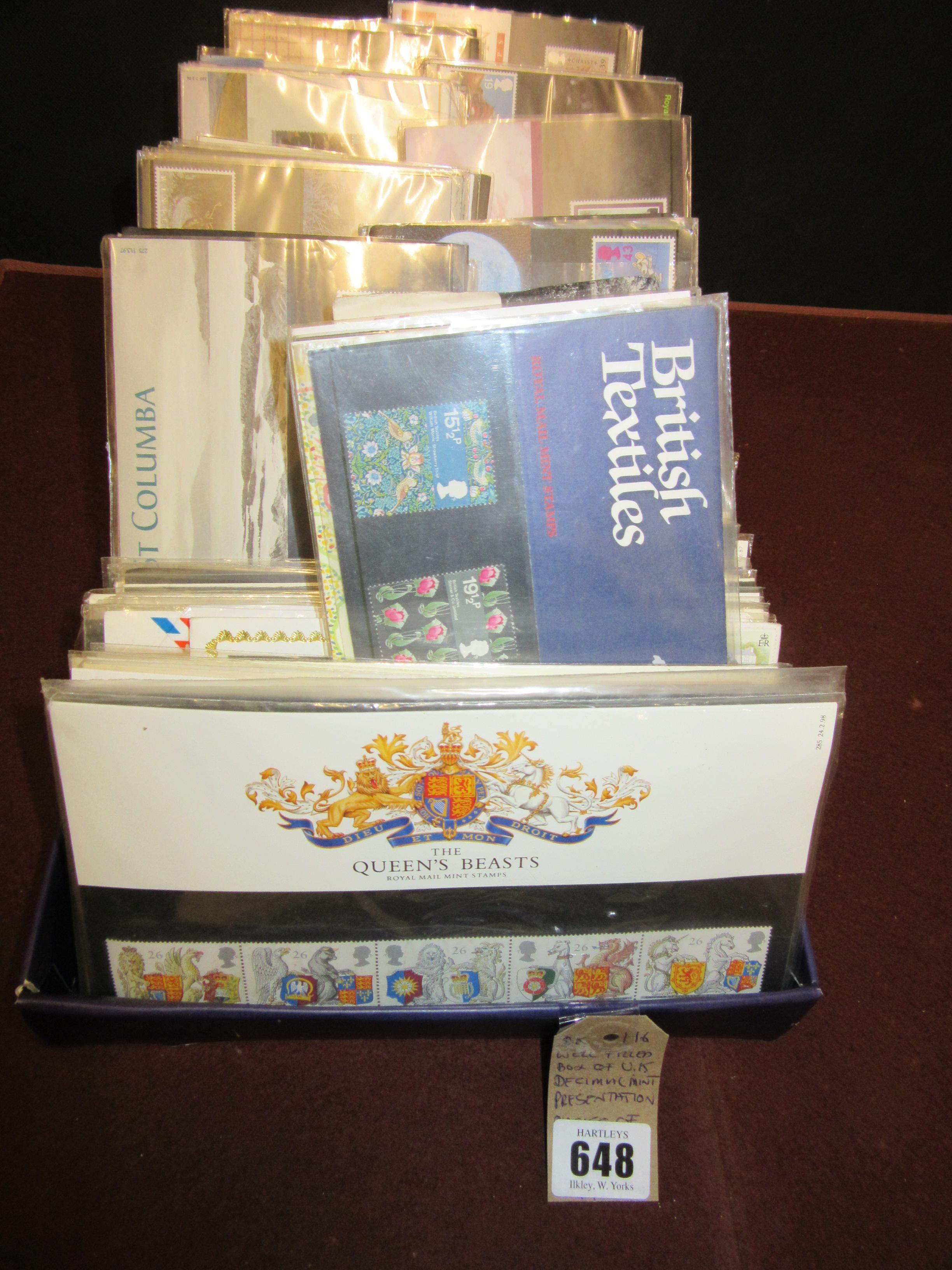 WELL FILLED BOX OF UK DECIMAL MINT PRESENTATION PACKS OF STAMPS CIRCA 1985-1998 Image
