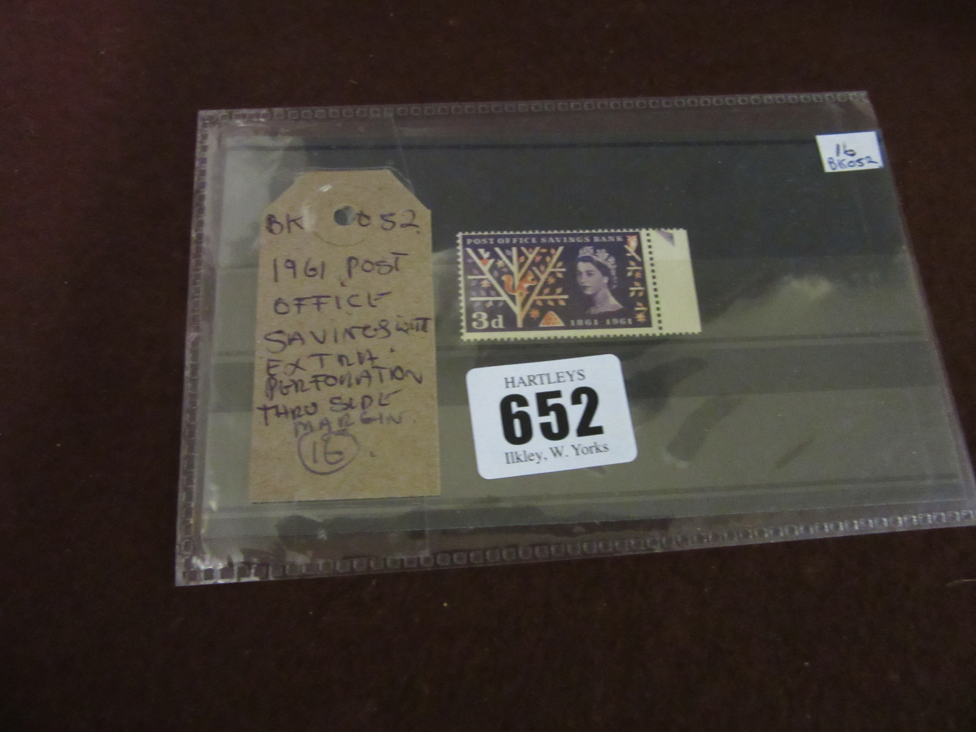 1961 POST OFFICE SAVINGS STAMP WITH EXTRA PERFORATION THROUGH SIDE MARGIN Image