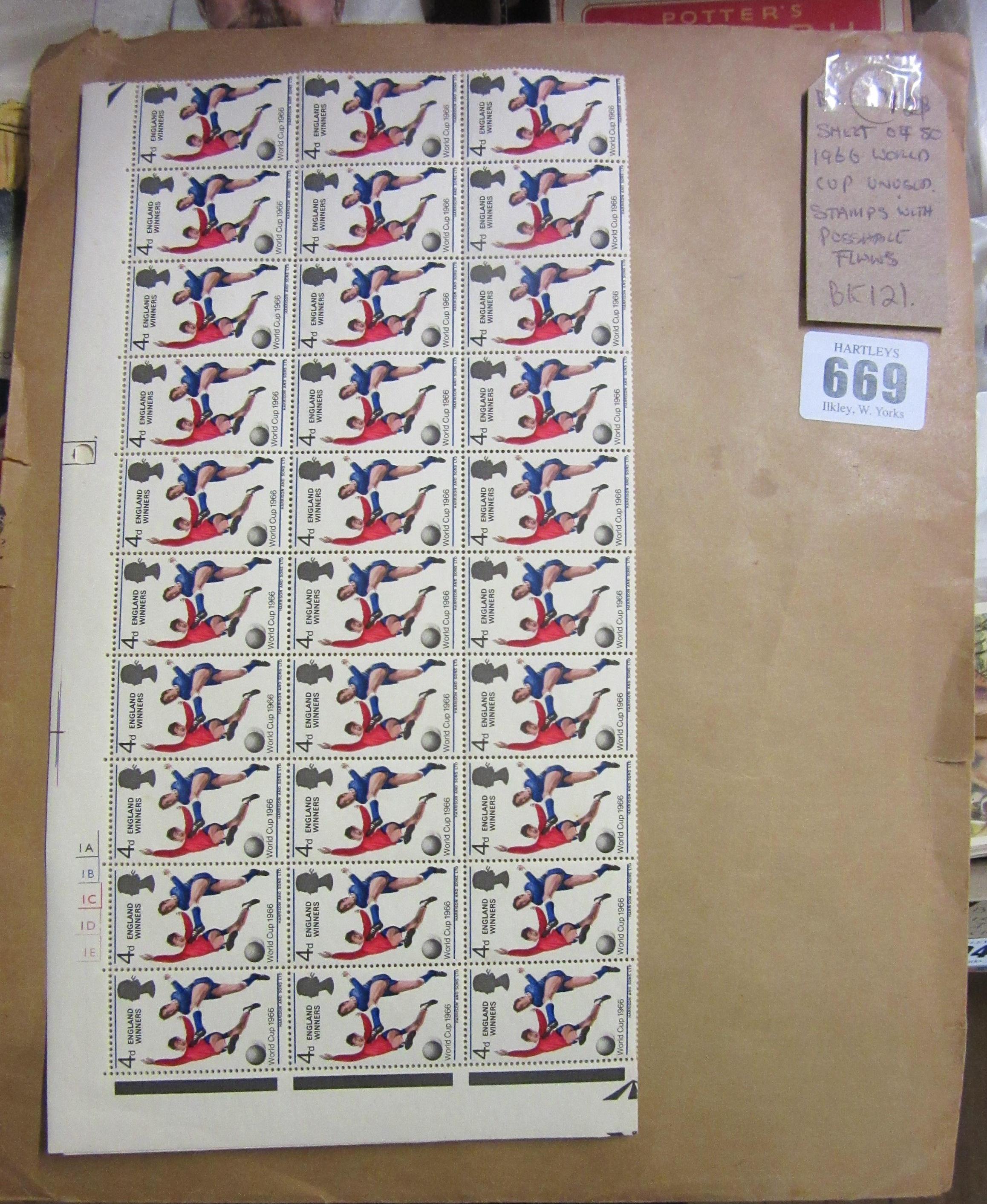 SHEET OF FIFTY 1966 WORLD CUP UNUSED STAMPS WITH POSSIBLE FLAWS Image