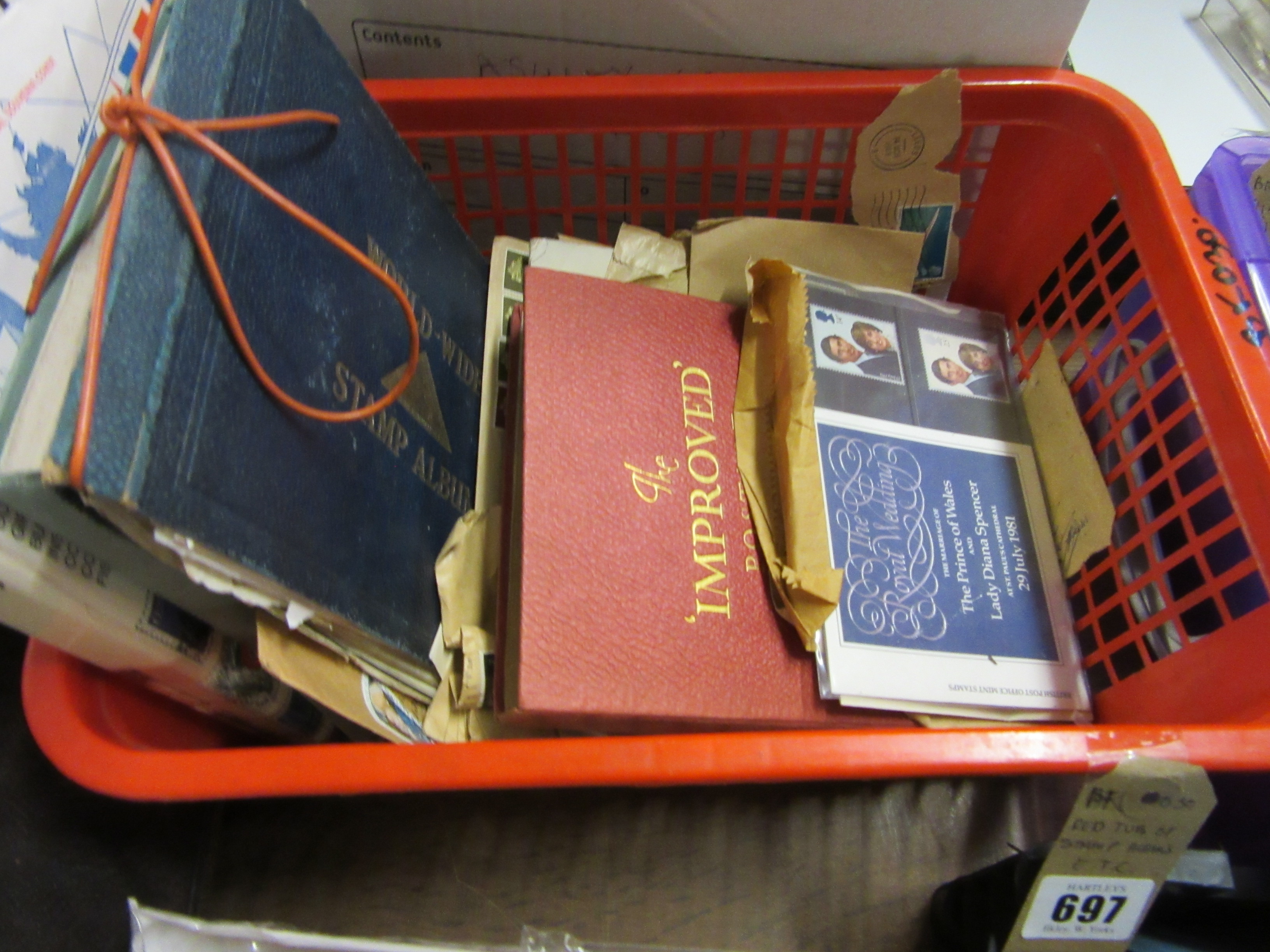 RED TUB OF STAMP ALBUMS ETC Image