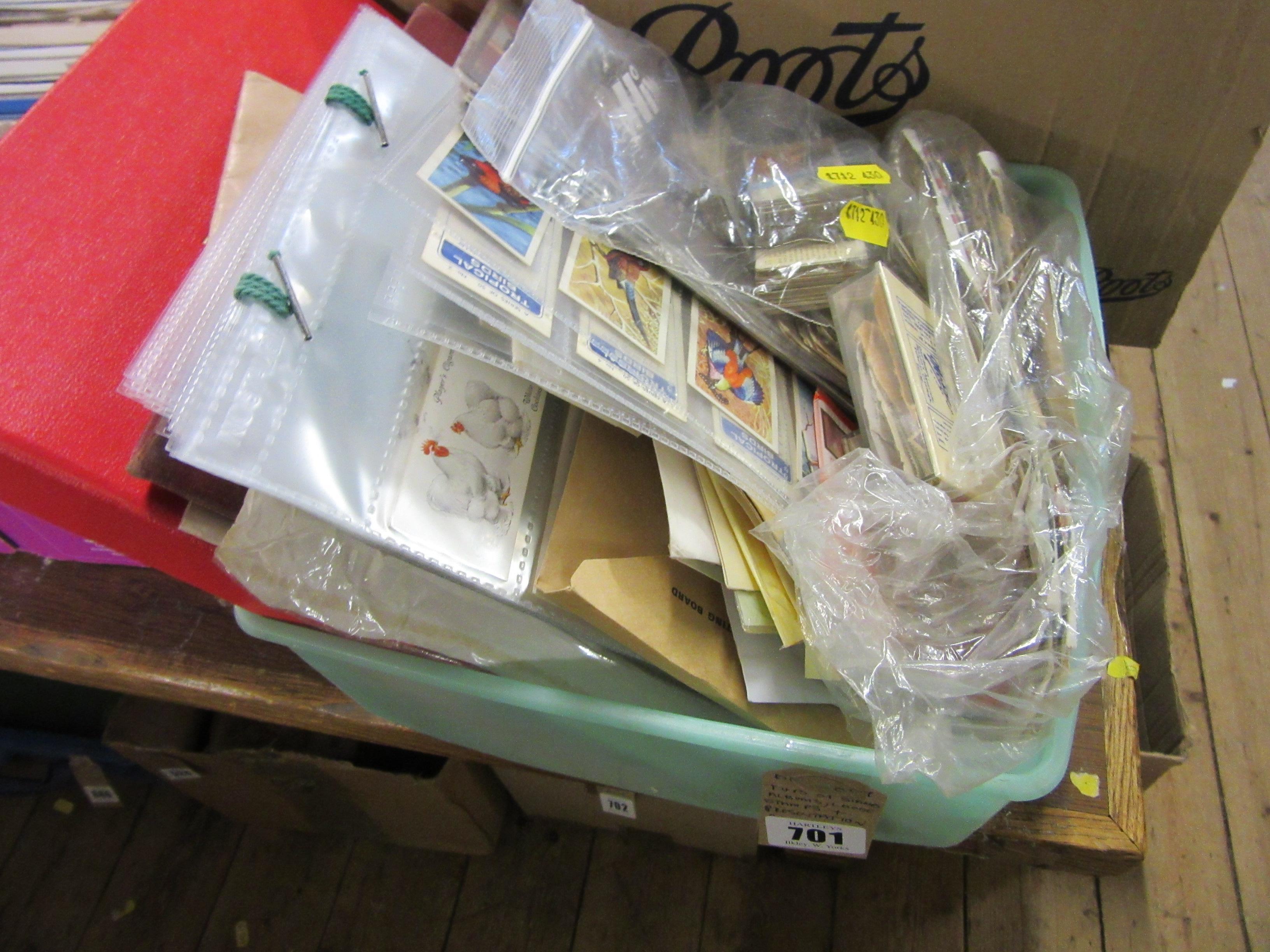 TUB OF STAMP ALBUMS, LOOSE STAMPS WITH PRESENTATION PACKS AND CIGARETTE CARDS Image