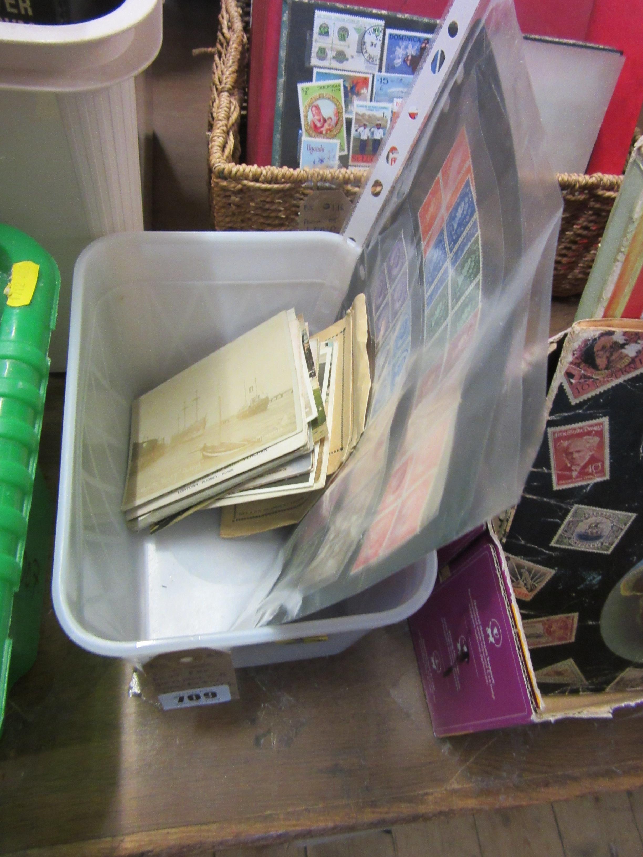 BOX INCLUDING MINT PRE-DECMAL GB STAMPS IN BLOCKS OF FOUR WITH OLD POSTCARDS Image