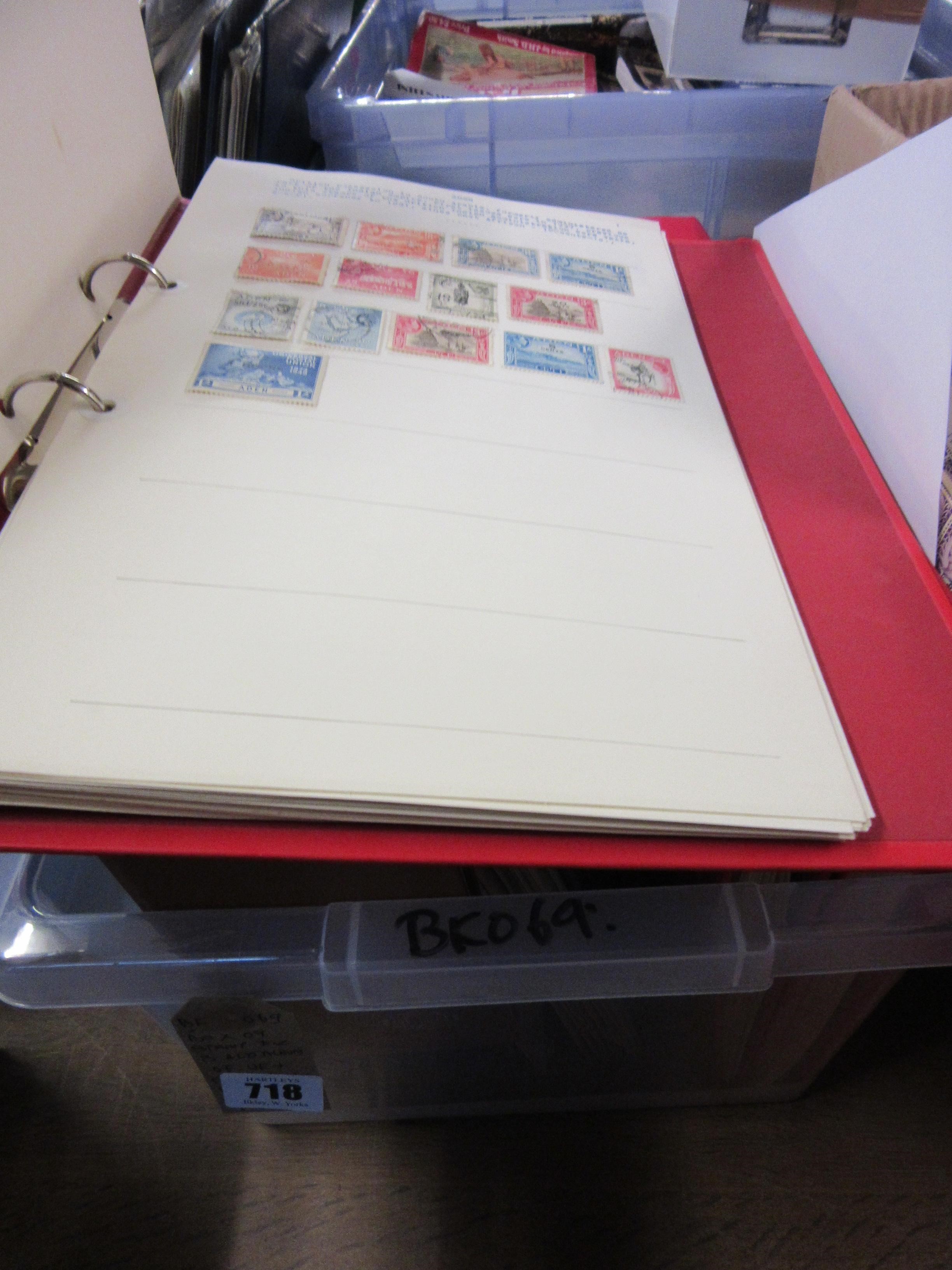 BOX OF STAMPS INCLUDING THREE RED ALBUMS OF UK AND OVERSEAS TERRITORIES MINT AND USED STAMPS Image