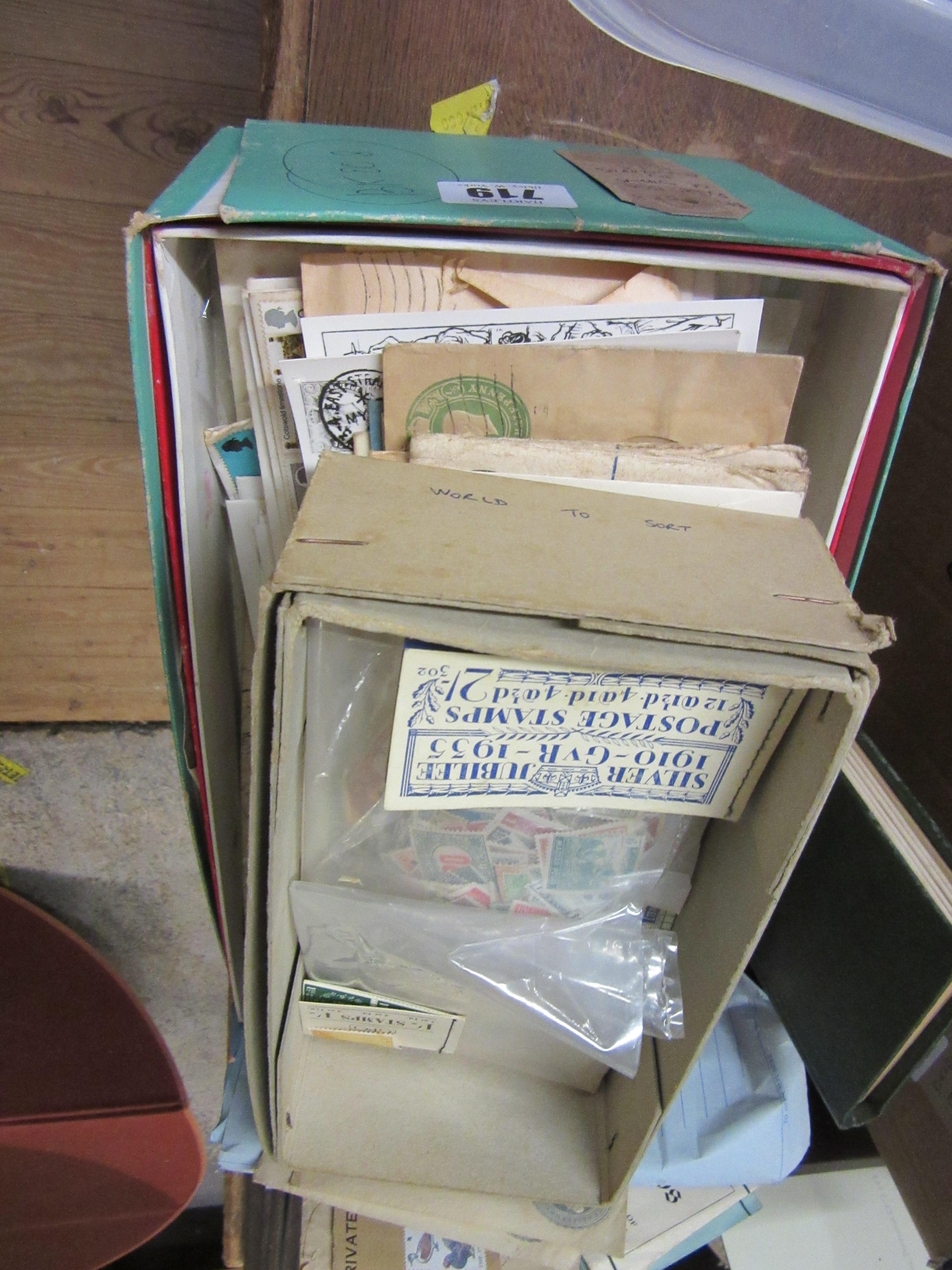 BLUE BOX OF STAMPS IN ENVELOPES ETC Image