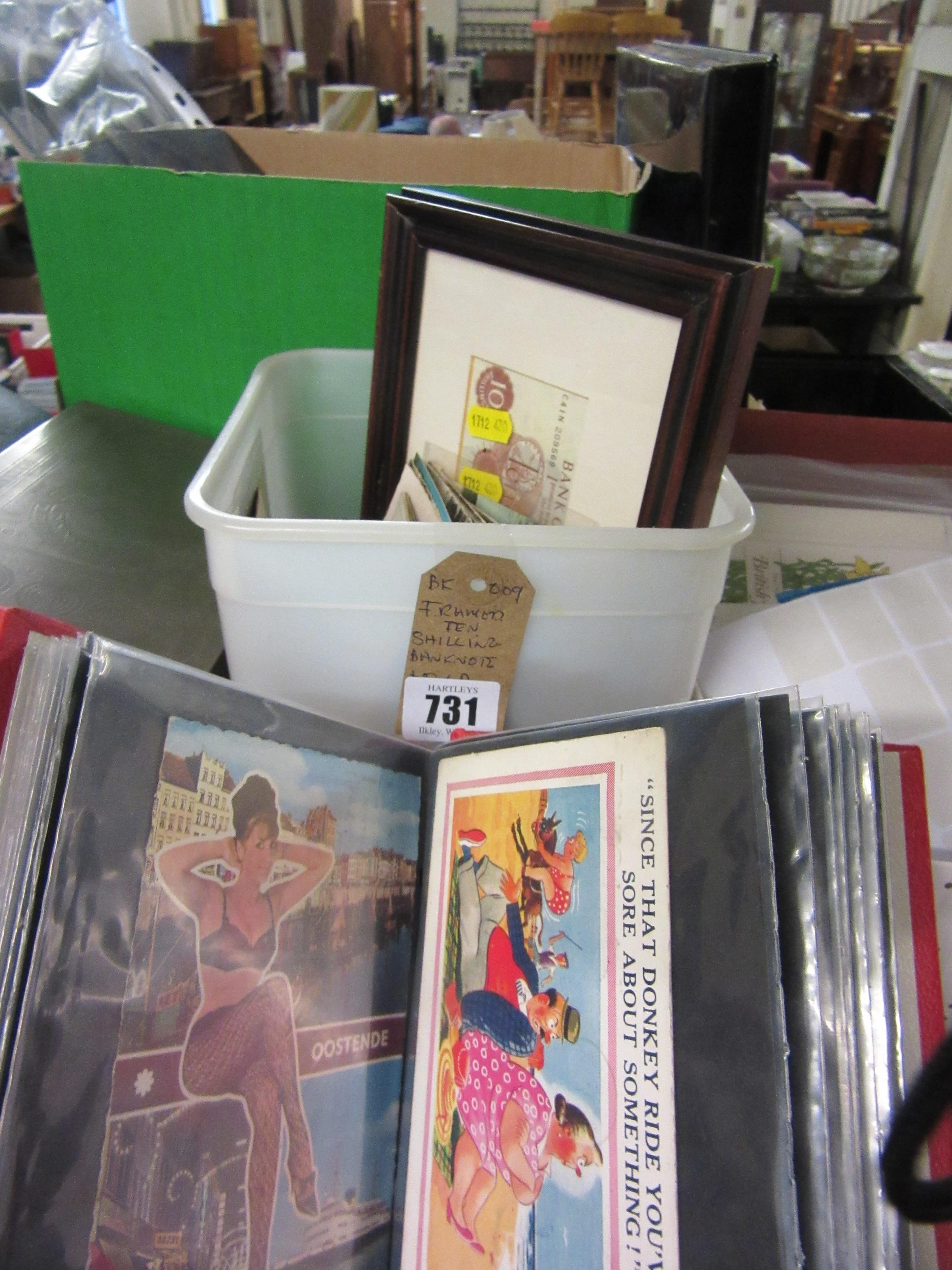FRAMED TEN SHILLING BANKNOTE AND OLD POSTCARDS Image