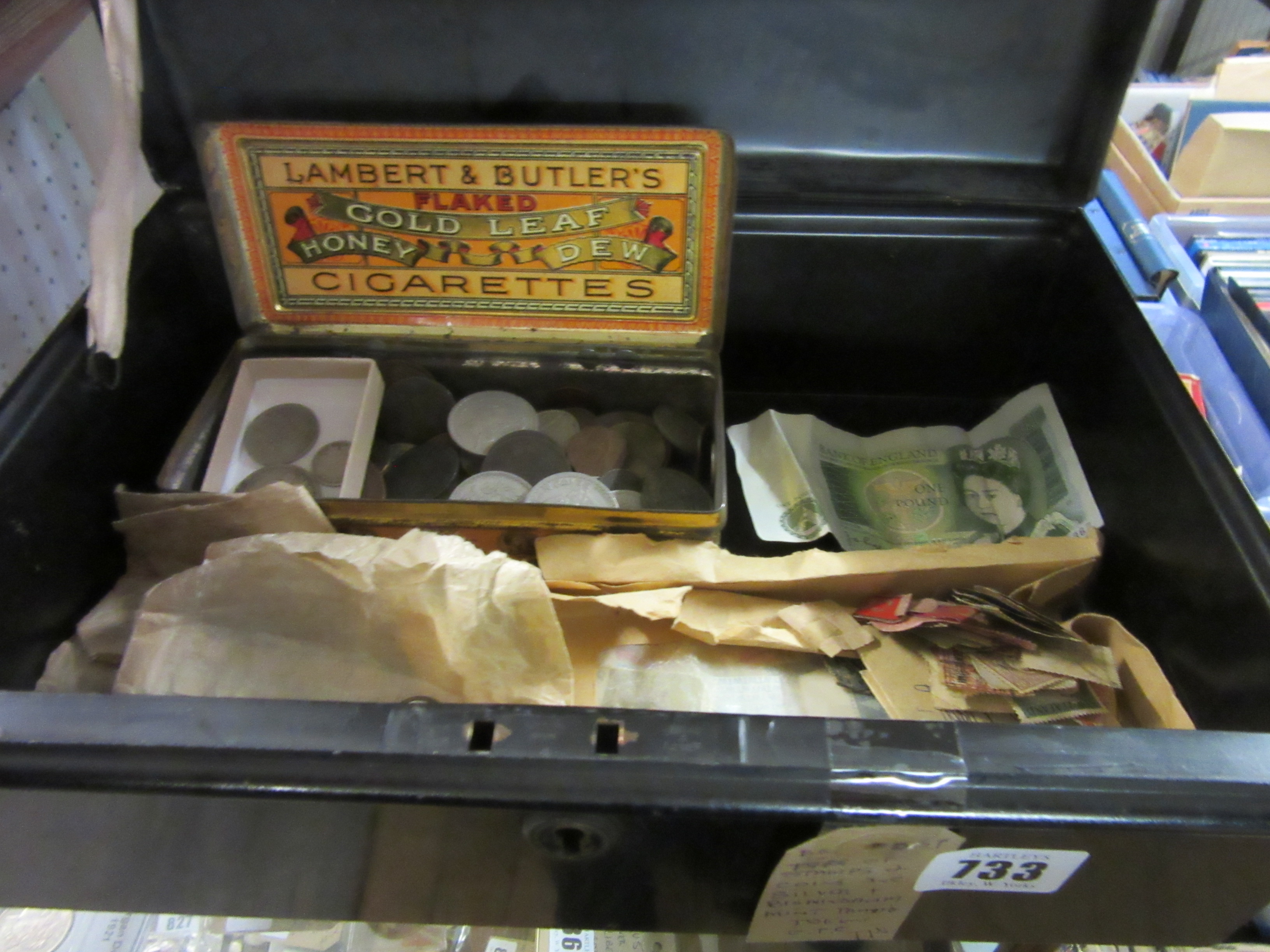 TIN OF STAMPS AND COINS INCLUDING SILVER WITH BIRMINGHAM MINT TRADE TOKENS Image