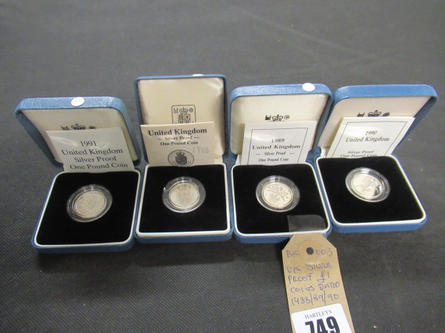 UK SILVER PROOF ONE POUND COINS DATED 1988,89,90 AND 1991 - 38G Image