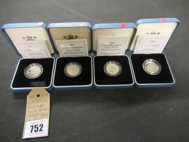 UK SILVER PROOF ONE POUND COINS DATED 1992,93,2002 AND 2003 - 38G Image