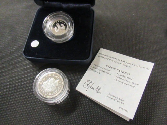 2001 UK SILVER PIEDFORT ONE POUND COIN - 19G WITH POSSIBLY SILVER FIVE PENCE COIN Image