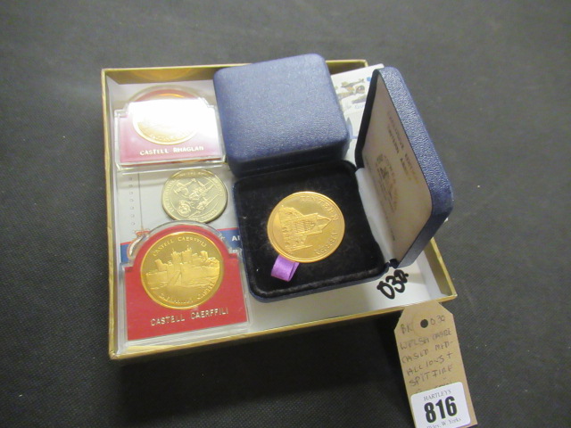 WELSH CASTLE CASED MEDALLIONS WITH SPITFIRE FIVE POUND COIN Image