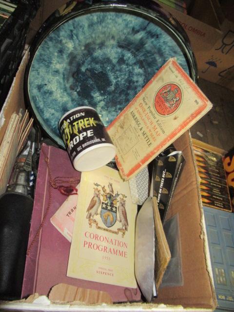BOX OF MISCELLANEOUS INCLUDING CAMERA AND OLD BOTTLES Image