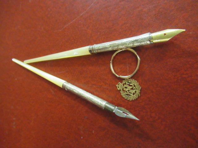 TWO SILVER FERRULED PENS, 9CT GOLD BADGE AND ANOTHER Image