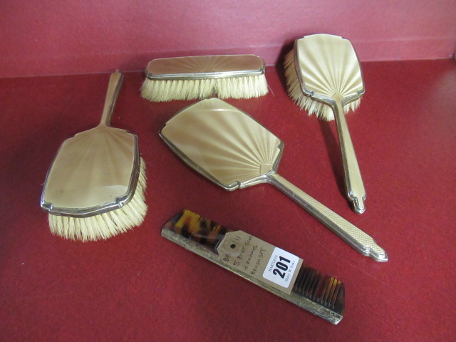 SILVER AND ENAMEL FIVE PIECE DRESSING TABLE SET Image