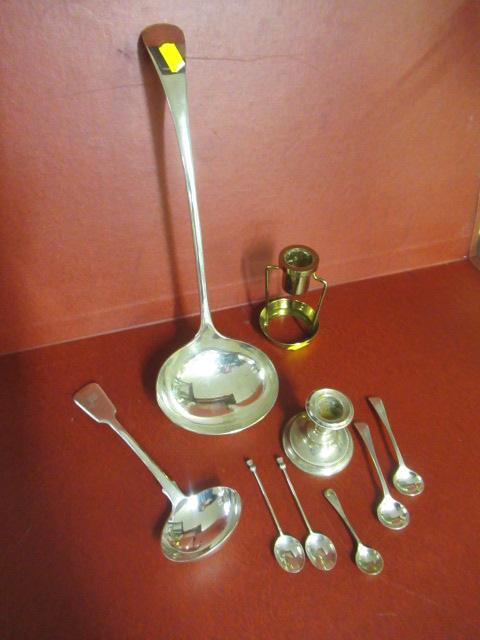 SILVER CANDLESTICK AND SPOON WITH PLATED LADLES Image